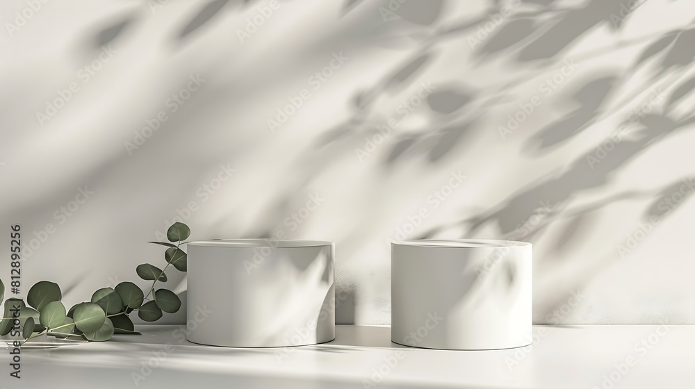 Poster two empty white cylinder shaped podium and natural green eucalyptus branch with shadows on light gre