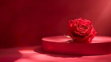 Fototapeta premium Suitable for Product Display and Business Concept Modern aesthetic Product podium and red rose flower on red background Elegant beauty concept : Generative AI