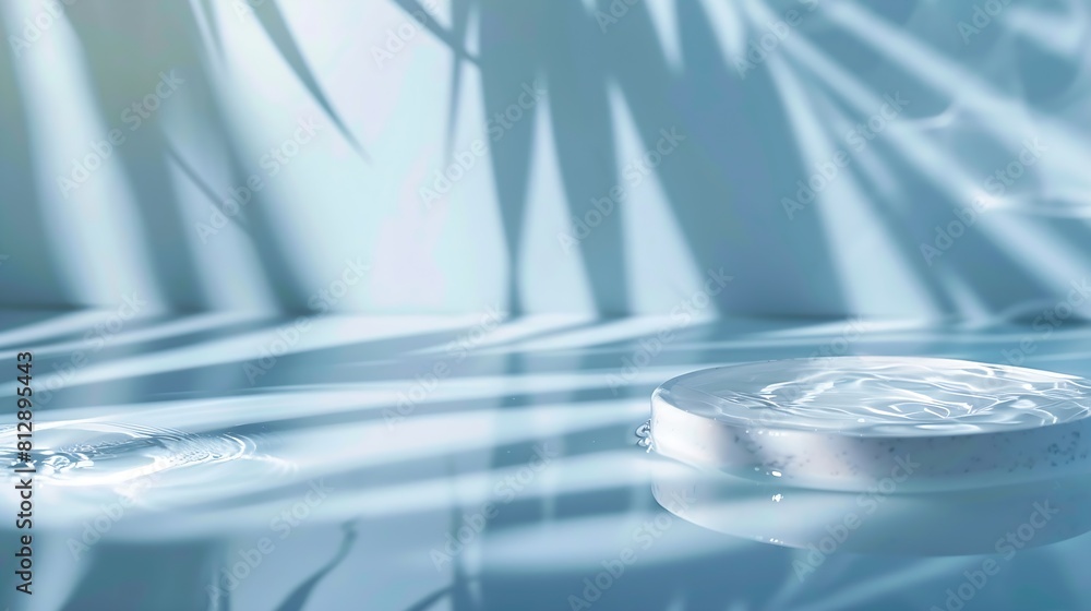 Poster pure water surface texture on blue wall studio with light shadow palm leaves backdroppodium display 