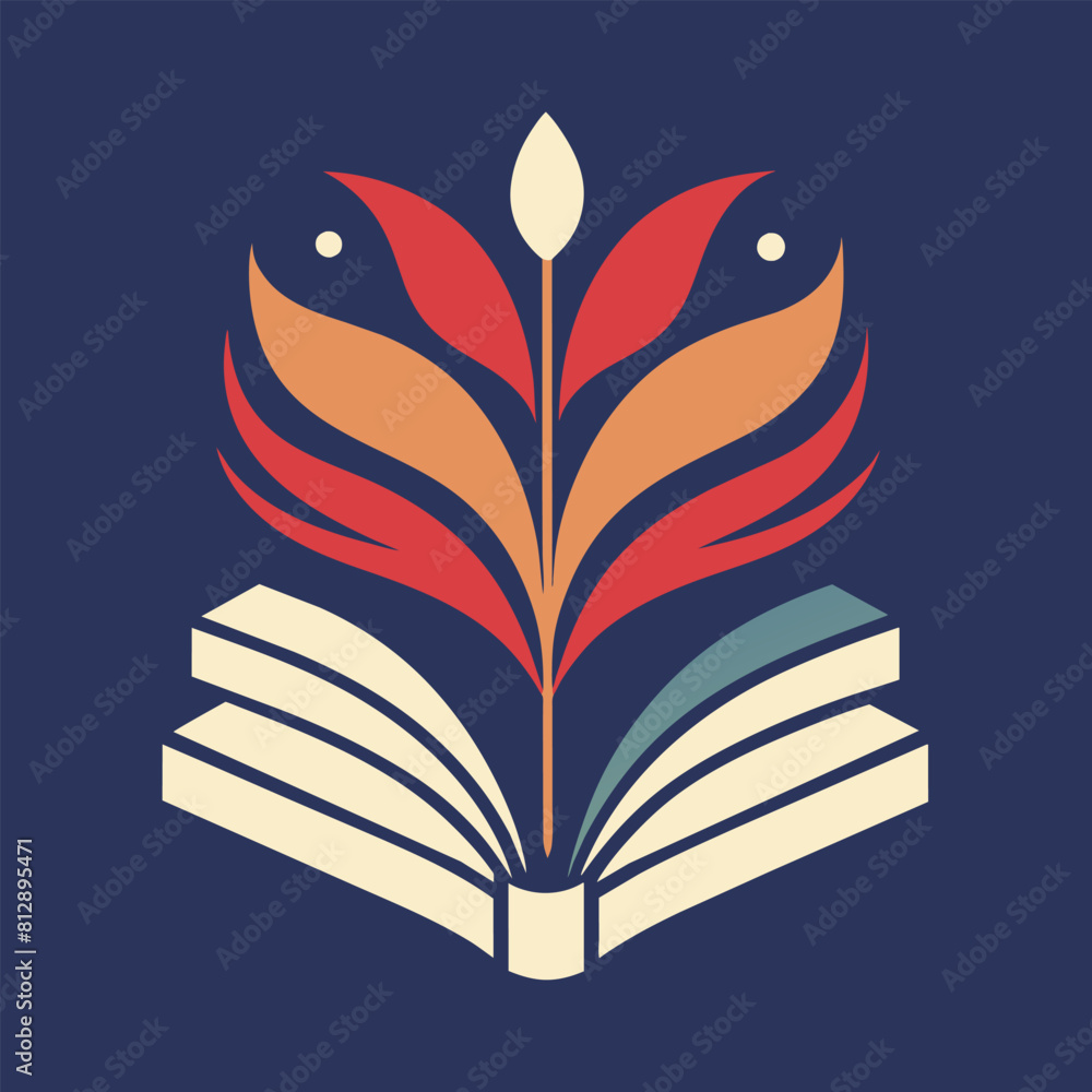 Poster an open book with a leaf resting on top of it, produce a simple and elegant design for a publishing 