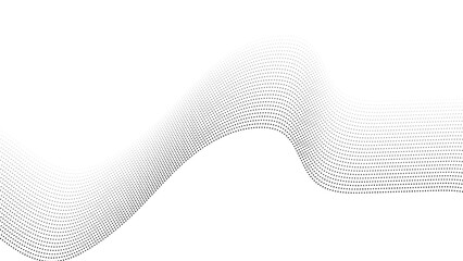 Abstract halftone flowing wavy gradient dots shape isolated on transparent background. Flowing dot particles wave pattern halftone black gradient smooth curve shape isolated on transparent background.
