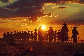 Naklejka premium Dramatic scene of warriors in traditional armor marching against a vivid sunset sky