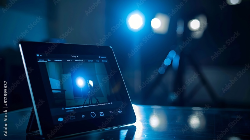 Poster tablet on dark background with online video app on screen : generative ai