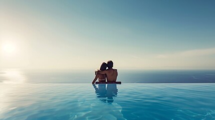 A couple hugging at the edge of an infinity pool and enjoying the view to the blue mediterranean sea during summer vacation time : Generative AI