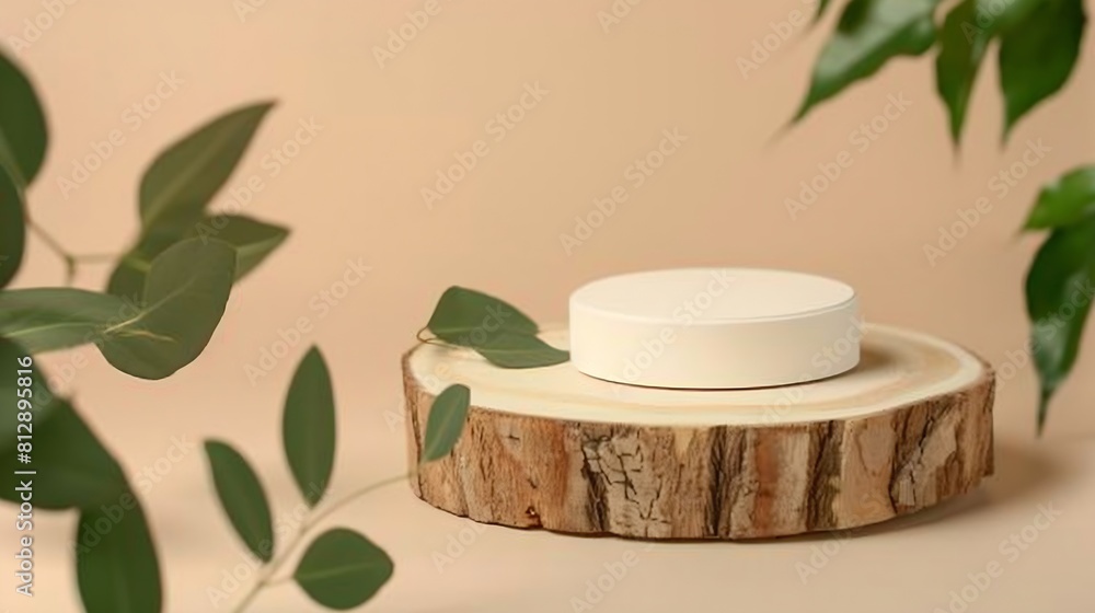 Poster minimal modern product display on neutral beige background wood slice podium and green leaves concep