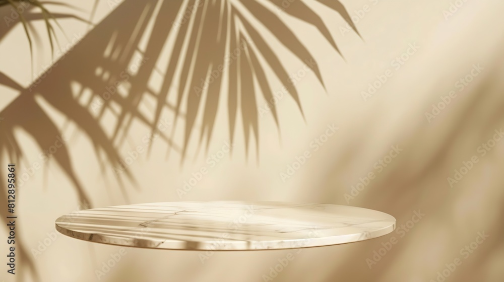 Aufkleber tropical palm tree shadow on cream wall and luxury marble table for product placement natural layout