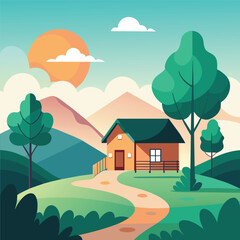 Naklejka premium A small house stands in the middle of a vibrant green field, Serene landscape with minimalist touches, such as a single tree or house