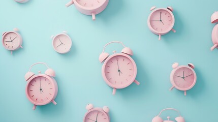 Pastel pink wall clocks on blue backdrop falling down Time concept Minimal composition : Generative AI