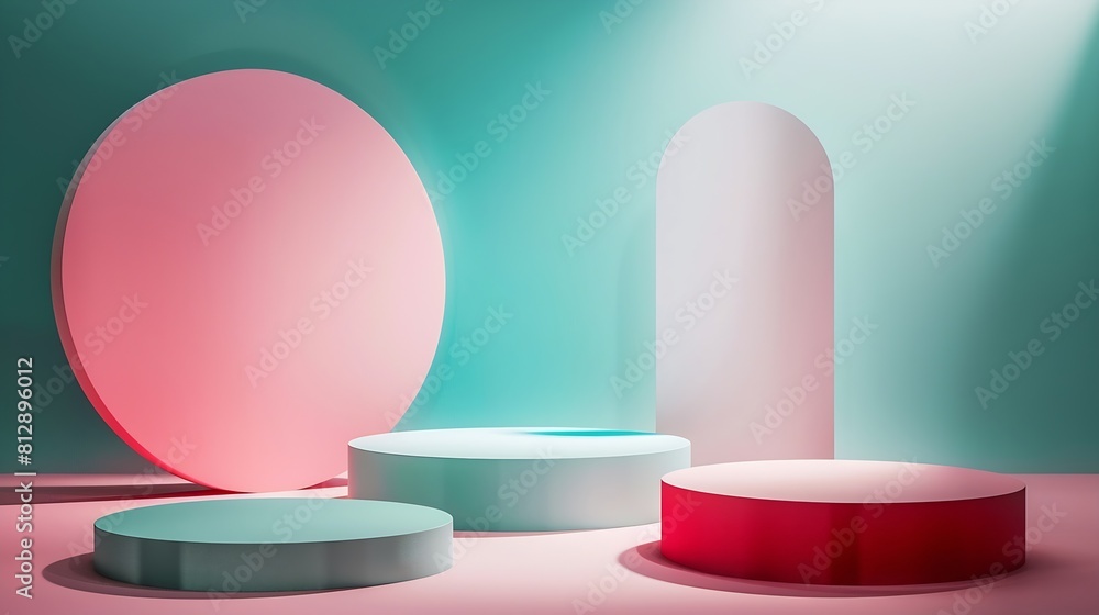 Poster minimalistic abstract scene with geometric empty podiums decorated on color background space for cos