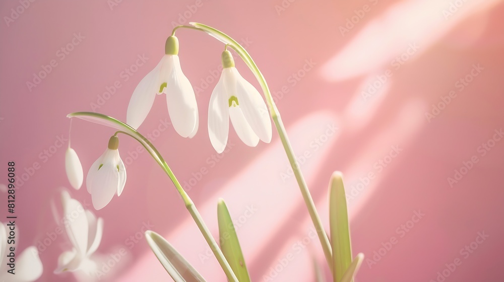 Poster Creative layout made with snowdrop flowers on bright background with frame Spring minimal concept : Generative AI