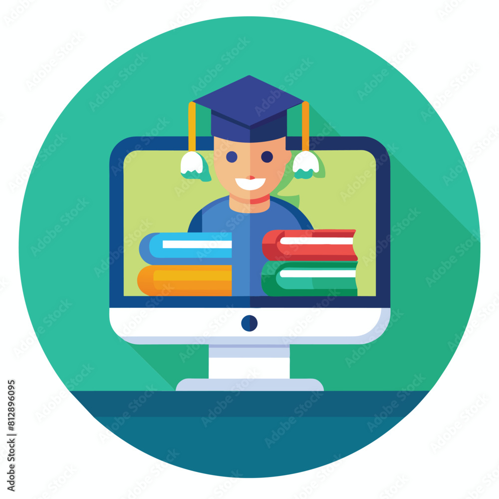 Poster a computer screen displaying an online learning platform with a graduate icon, simple icon for an on