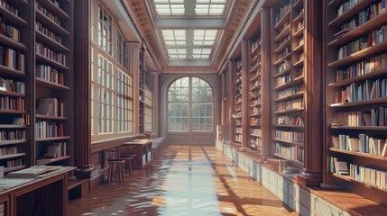 Fototapeta premium World of knowledge. Library bookshelves in college. Beauty of learning. University. Quiet space for study at university hyper realistic 