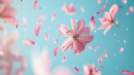 Beautiful  flying pastel pink flowers and petals at light blue background creative floral layout horizontal : Generative AI