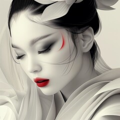 Portrait of an Asian woman wearing a white kimono