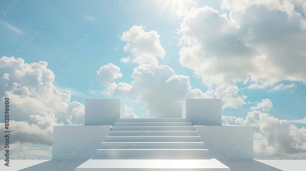 Aufkleber Front view of white podium and stairway with blank space in blue cloudy sky background abstract content : Generative AI