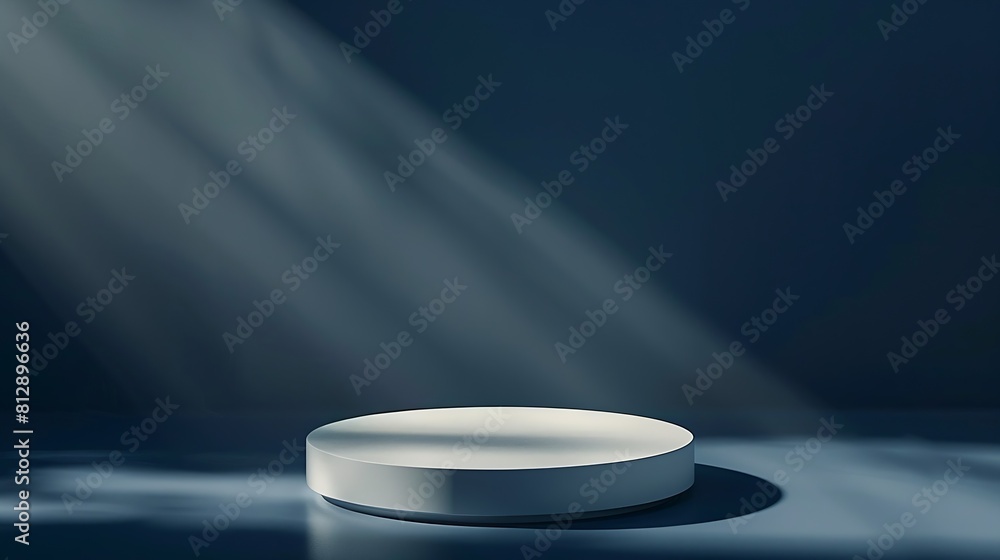 Poster empty white round podium and shadows on dark blue background showcase for product presentation pedes