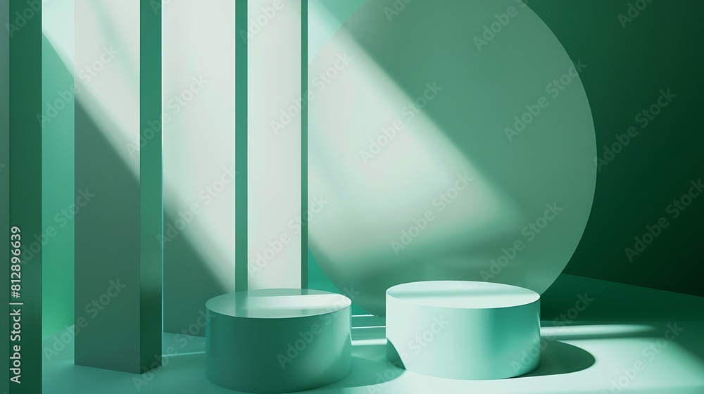 Poster abstract minimal scene with geometrical form cylinder podium on green background abstract background