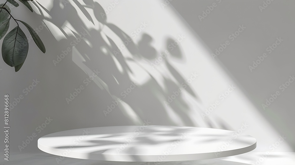 Poster white wall studio backgroundempty grey room background with light leaves shadow on table top surface