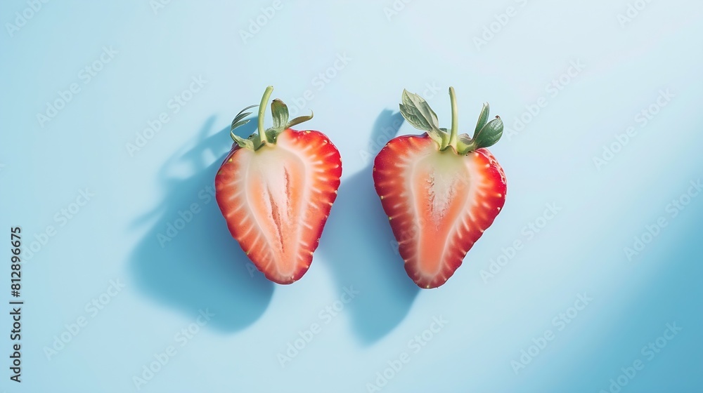 Poster creative layout made of two halfs of strawberry against pastel blue background copy space creative s