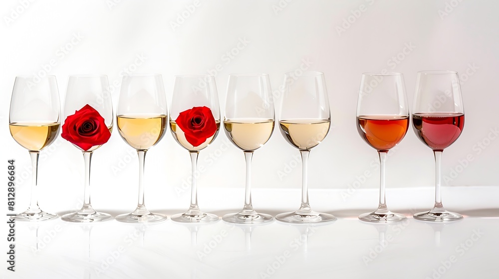 Poster glasses with red rose and white wine standing in a line against white background with shadows and re
