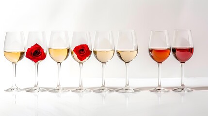 Glasses with red rose and white wine standing in a line against white background with shadows and reflection Concept of taste alcohol wine degustation variety winemaking Flat lay : Generative AI