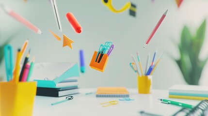Fototapeta premium Office supplies stationery levitate over white table Back to school work education creative layout : Generative AI