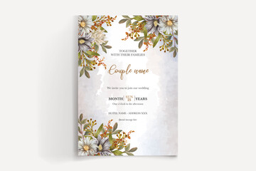 WEDDING INVITATION FRAME WITH FLOWER DECORATIONS AND FRESH LEAVES