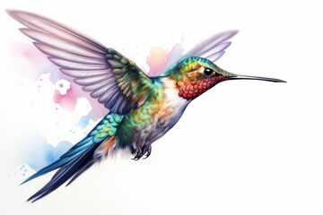Obraz premium A tiny watercolor of a colorful hummingbird in flight, capturing its delicate motion isolated white background