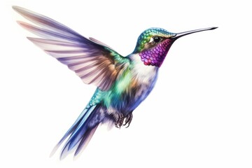 Obraz premium A tiny watercolor of a colorful hummingbird in flight, capturing its delicate motion isolated white background