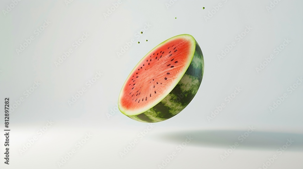 Poster fresh raw watermelon falling in the air isolated on white background food levitation or zero gravity