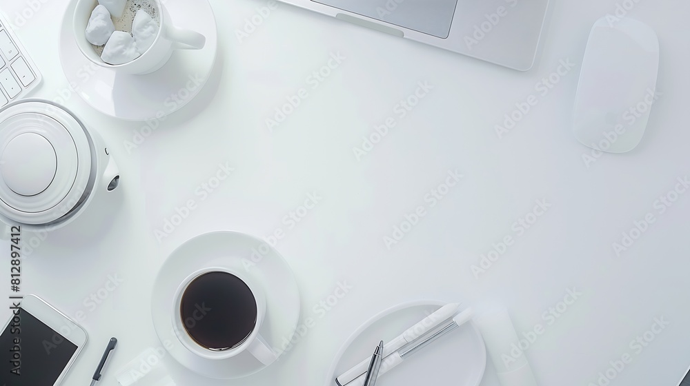 Poster white office desk table with laptop smartphone cup of coffee and supplies top view with copy space f