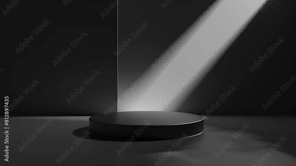 Poster Empty round geometric shape cylinder podium platform on paper cut abstract pure black minimal geometric shape background Top view mock up for product display : Generative AI
