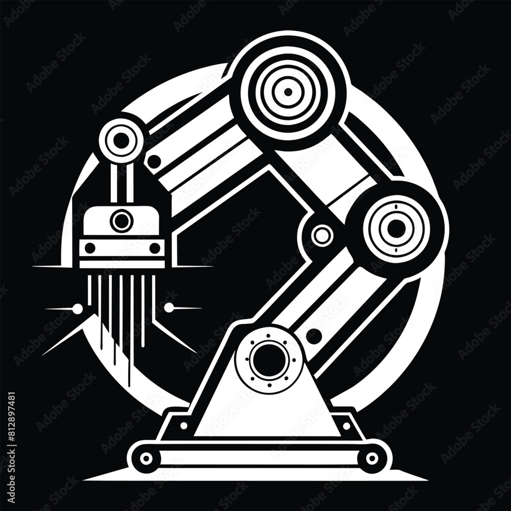 Poster blueprint of a robotic arm machinery in black and white color scheme, stylized blueprint of a roboti