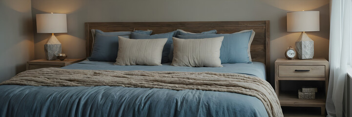 Bed with blue and beige bedding. Boho, farmhouse interior design of modern bedroom.
