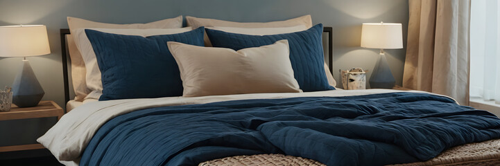 Bed with blue and beige bedding. Boho, farmhouse interior design of modern bedroom.