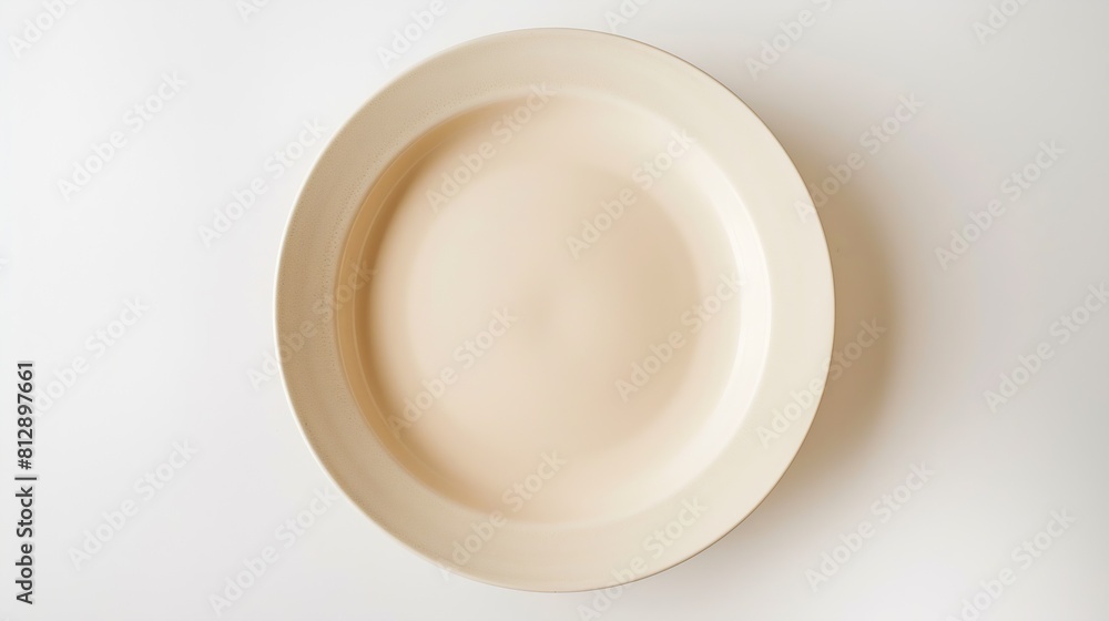 Poster Empty beige plate isolated on white  background Top view flat lay Textured object selective focus : Generative AI