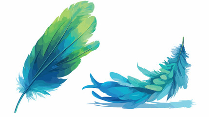 Green and blue fluffy feather floating in air isola