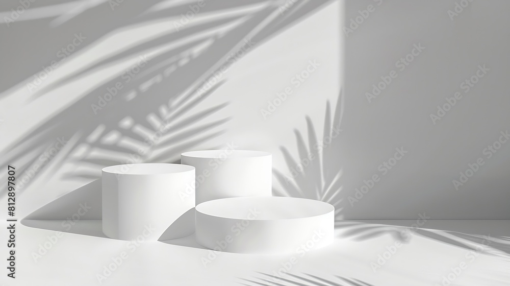 Poster White empty stands on light background with palm shadows overlay Abstract podium product display : Generative AI