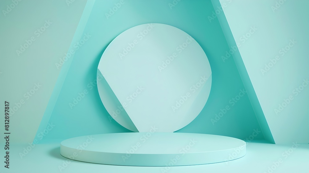 Poster Abstract light blue color background Top view to round geometric shape turquoise podium for product display and geometric shape colored paper background : Generative AI