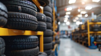 Closeup new car tires pile in the rack in modern auto tire shop indoor. Generated AI image