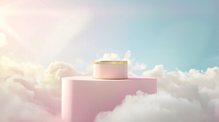 Surreal podium outdoor on blue sky pink gold pastel soft clouds with spaceBeauty cosmetic product placement pedestal present promotion minimal displaysummer paradise dreamy concept : Generative AI