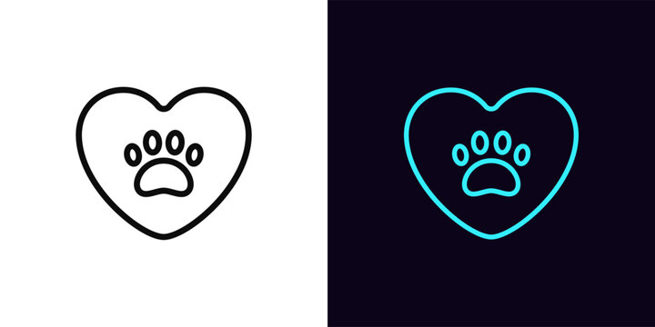 Outline pet love icon, with editable stroke. Heart with animal paw. Pet care and veterinarian aid, shelter and home for animals, donation and charity, animal life rescue, cat and dog care. Vector icon