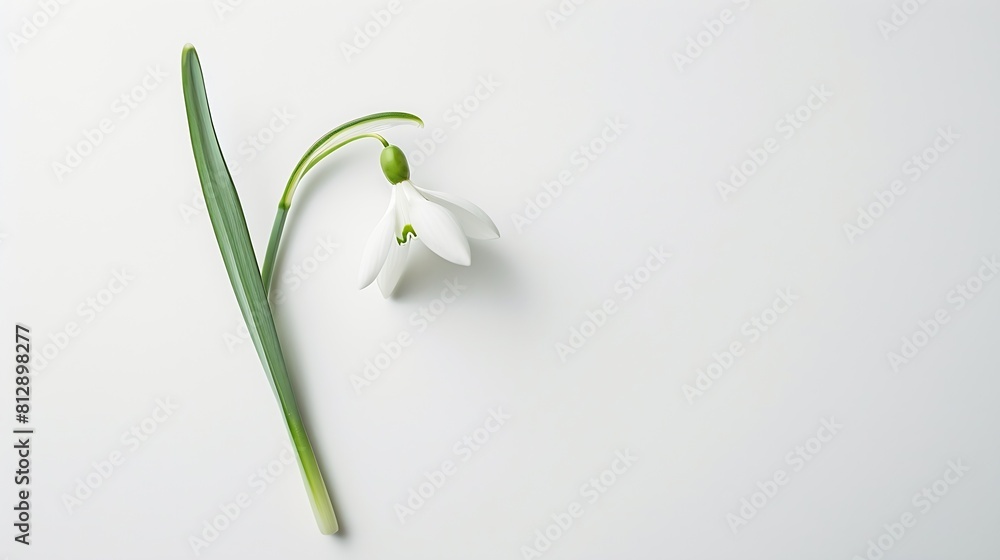 Poster Snowdrop spring first single flower isolated on white background Hello spring Creative layout Top view flat lay Design element Springtime greeting card Easter holiday concept : Generative AI