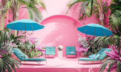3d lounge sunbed idea Swimming Pool party Mood Holidays background composition Creative design backdrop Pink Background Tropical flowers and Blue umbrellas