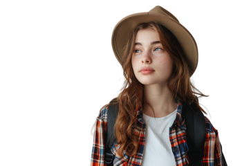 Pretty cute girl dressed stylish clothes going to university on isolated transparent background
