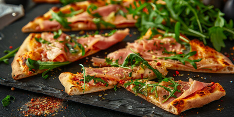 Delicious Grilled Pizza with Arugula and Bacon on Slate Board