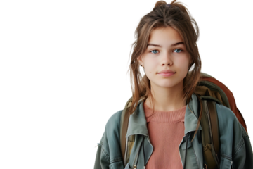 Pretty cute girl dressed stylish clothes going to university on isolated transparent background