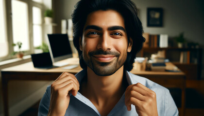 A man is smiling and adjusting his shirt. Concept of confidence and self-assurance