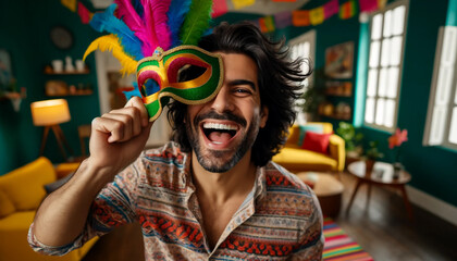 A man is holding a masquerade mask and smiling. The room is decorated with colorful decorations and a couch is visible in the background
