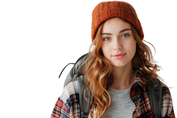 Pretty cute girl dressed stylish clothes going to university on isolated transparent background